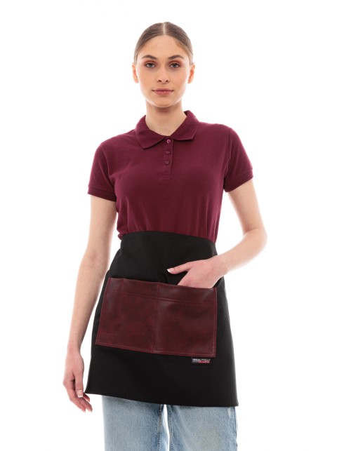 Μαύρη Ποδιά Unisex Barista Κοντή - Από Καμβά Ύφασμα & Μπορντό Τετράγωνη Vegan Leather Τσέπη