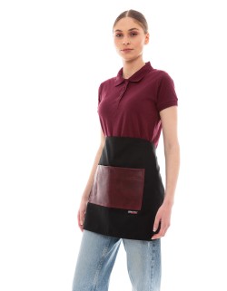 Μαύρη Ποδιά Unisex Barista Κοντή - Από Καμβά Ύφασμα & Μπορντό Τετράγωνη Vegan Leather Τσέπη