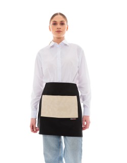 Μαύρη Ποδιά Unisex Barista Κοντή - Από Καμβά Ύφασμα & Μπεζ Τετράγωνη Vegan Leather Τσέπη