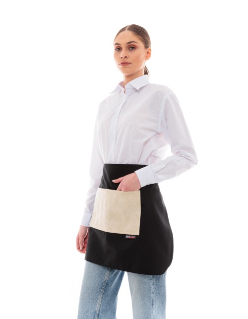Μαύρη Ποδιά Unisex Barista Κοντή - Από Καμβά Ύφασμα & Μπεζ Τετράγωνη Vegan Leather Τσέπη