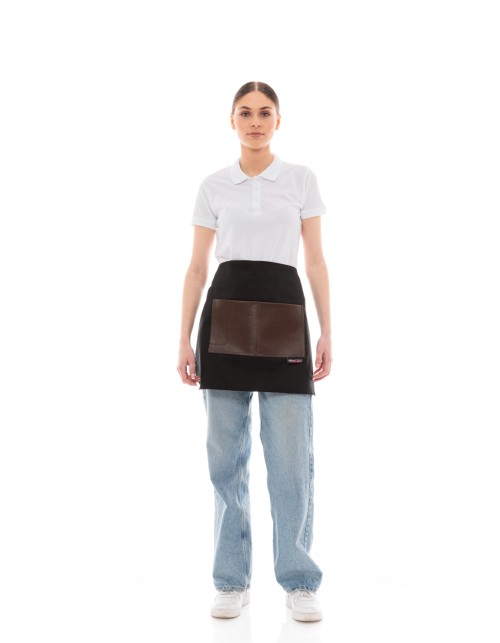 Μαύρη Ποδιά Unisex Barista Κοντή - Από Καμβά Ύφασμα & Καφέ Τετράγωνη Vegan Leather Τσέπη