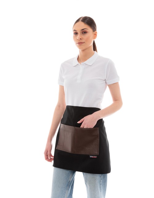 Μαύρη Ποδιά Unisex Barista Κοντή - Από Καμβά Ύφασμα & Καφέ Τετράγωνη Vegan Leather Τσέπη