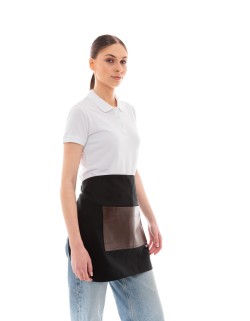 Μαύρη Ποδιά Unisex Barista Κοντή - Από Καμβά Ύφασμα & Καφέ Τετράγωνη Vegan Leather Τσέπη