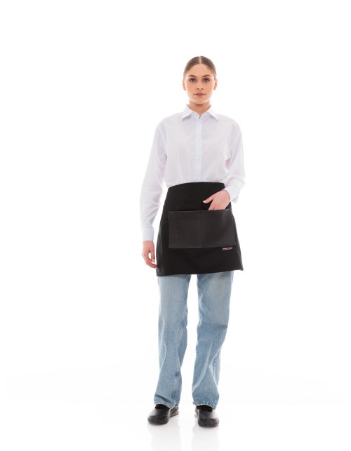 Μαύρη Ποδιά Unisex Barista Κοντή - Από Καμβά Ύφασμα & Μαύρη Τετράγωνη Vegan Leather Τσέπη