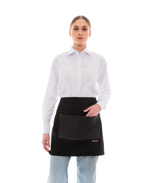 Μαύρη Ποδιά Unisex Barista Κοντή - Από Καμβά Ύφασμα & Μαύρη Τετράγωνη Vegan Leather Τσέπη
