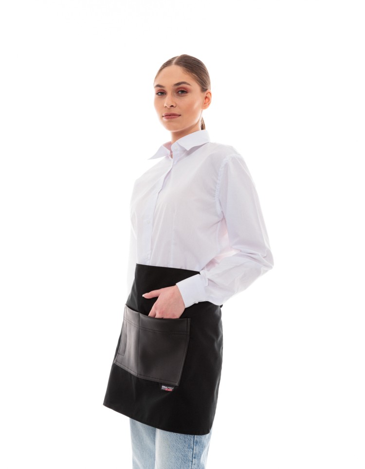 Μαύρη Ποδιά Unisex Barista Κοντή - Από Καμβά Ύφασμα & Μαύρη Τετράγωνη Vegan Leather Τσέπη