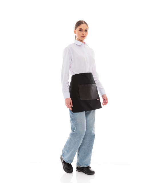 Μαύρη Ποδιά Unisex Barista Κοντή - Από Καμβά Ύφασμα & Μαύρη Τετράγωνη Vegan Leather Τσέπη