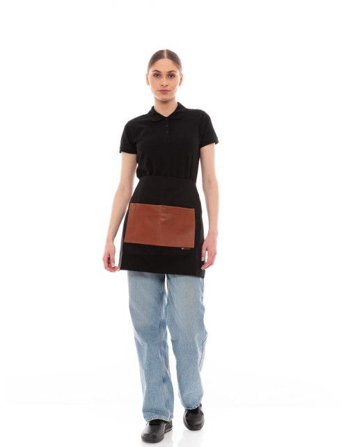 Μαύρη Ποδιά Unisex Barista Κοντή - Από Καμβά Ύφασμα & Ταμπά Τετράγωνη Vegan Leather Τσέπη