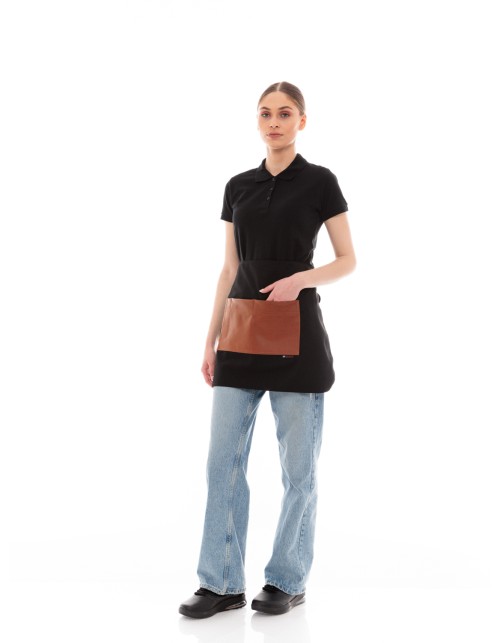 Μαύρη Ποδιά Unisex Barista Κοντή - Από Καμβά Ύφασμα & Ταμπά Τετράγωνη Vegan Leather Τσέπη