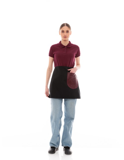 Μαύρη Ποδιά Unisex Barista Κοντή - Από Καμβά Ύφασμα & Μπορντό Στρογγυλή Vegan Leather Τσέπη