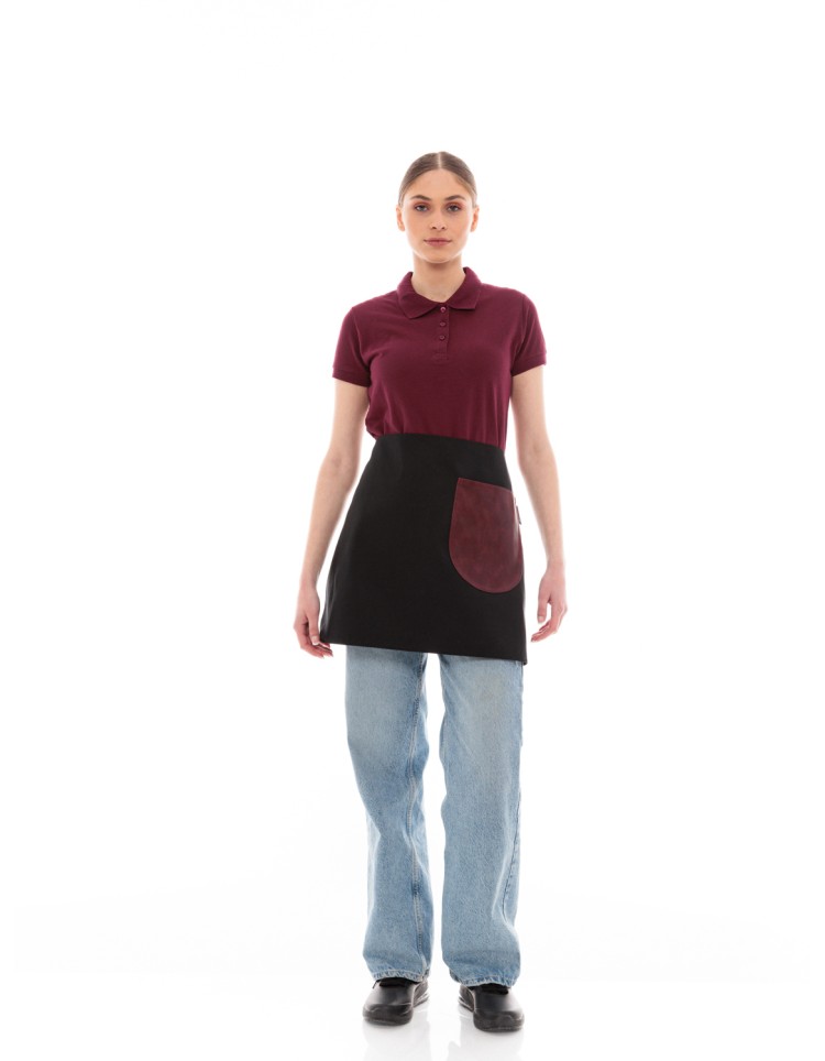 Μαύρη Ποδιά Unisex Barista Κοντή - Από Καμβά Ύφασμα & Μπορντό Στρογγυλή Vegan Leather Τσέπη