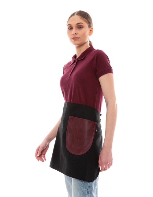 Μαύρη Ποδιά Unisex Barista Κοντή - Από Καμβά Ύφασμα & Μπορντό Στρογγυλή Vegan Leather Τσέπη