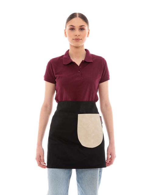 Μαύρη Ποδιά Unisex Barista Κοντή - Από Καμβά Ύφασμα & Μπεζ Στρογγυλή Vegan Leather Τσέπη