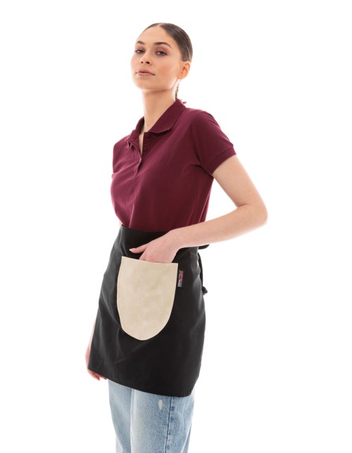 Μαύρη Ποδιά Unisex Barista Κοντή - Από Καμβά Ύφασμα & Μπεζ Στρογγυλή Vegan Leather Τσέπη