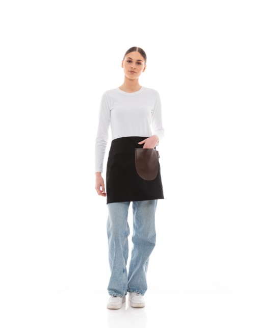 Μαύρη Ποδιά Unisex Barista Κοντή - Από Καμβά Ύφασμα & Καφέ Στρογγυλή Vegan Leather Τσέπη
