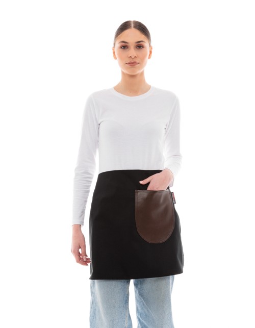 Μαύρη Ποδιά Unisex Barista Κοντή - Από Καμβά Ύφασμα & Καφέ Στρογγυλή Vegan Leather Τσέπη