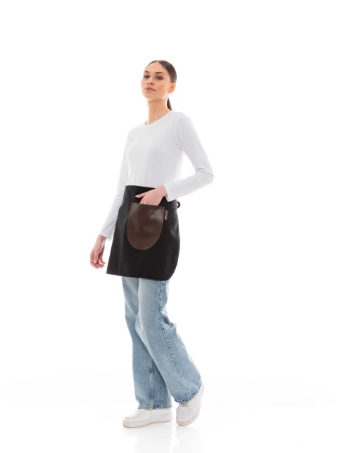 Μαύρη Ποδιά Unisex Barista Κοντή - Από Καμβά Ύφασμα & Καφέ Στρογγυλή Vegan Leather Τσέπη