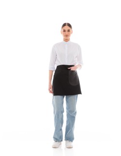 Μαύρη Ποδιά Unisex Barista Κοντή - Από Καμβά Ύφασμα & Μαύρη Στρογγυλή Vegan Leather Τσέπη