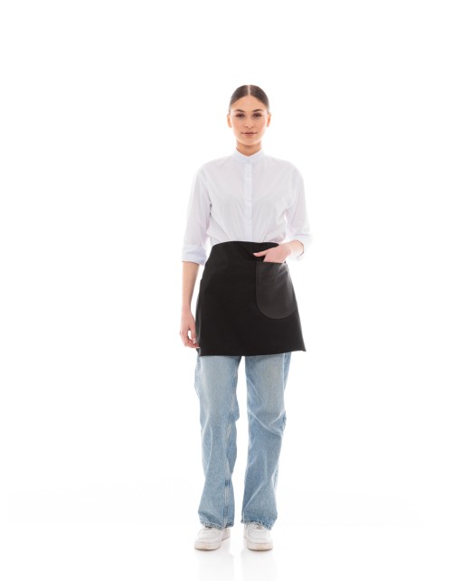 Μαύρη Ποδιά Unisex Barista Κοντή - Από Καμβά Ύφασμα & Μαύρη Στρογγυλή Vegan Leather Τσέπη