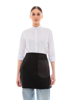 Μαύρη Ποδιά Unisex Barista Κοντή - Από Καμβά Ύφασμα & Μαύρη Στρογγυλή Vegan Leather Τσέπη