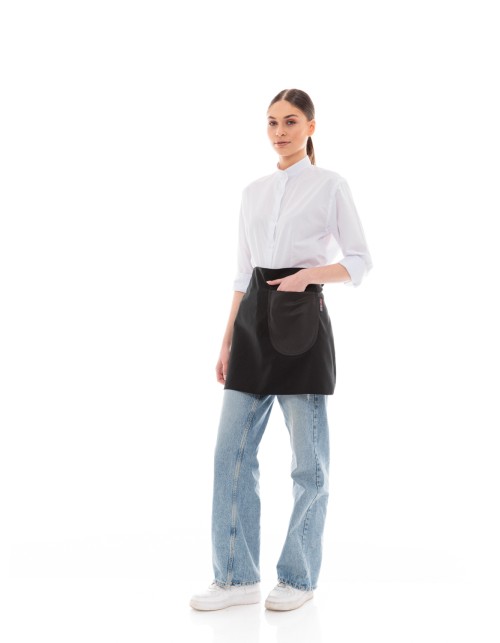Μαύρη Ποδιά Unisex Barista Κοντή - Από Καμβά Ύφασμα & Μαύρη Στρογγυλή Vegan Leather Τσέπη