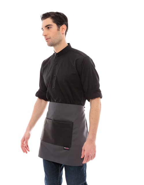 Γκρι Ποδιά Unisex Barista Κοντή - Από Καμβά Ύφασμα & Μαύρη Τετράγωνη Vegan Leather Τσέπη