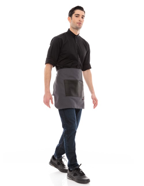 Γκρι Ποδιά Unisex Barista Κοντή - Από Καμβά Ύφασμα & Μαύρη Τετράγωνη Vegan Leather Τσέπη