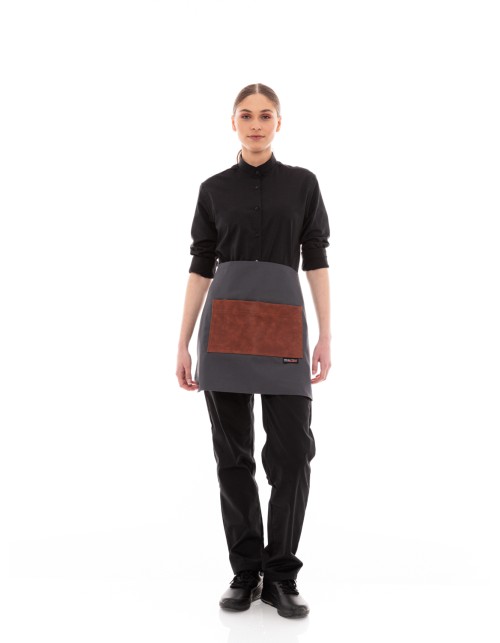 Γκρι Ποδιά Unisex Barista Κοντή - Από Καμβά Ύφασμα & Ταμπά Τετράγωνη Vegan Leather Τσέπη