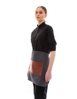 Γκρι Ποδιά Unisex Barista Κοντή - Από Καμβά Ύφασμα & Ταμπά Τετράγωνη Vegan Leather Τσέπη