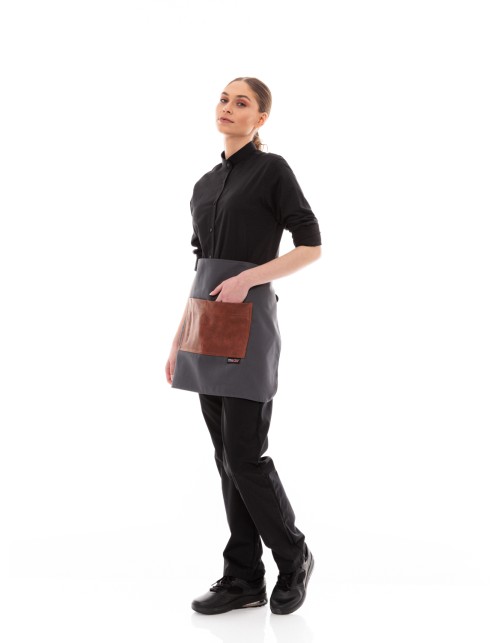 Γκρι Ποδιά Unisex Barista Κοντή - Από Καμβά Ύφασμα & Ταμπά Τετράγωνη Vegan Leather Τσέπη