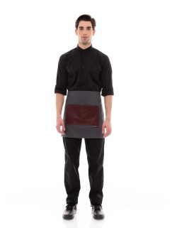 Γκρι Ποδιά Unisex Barista Κοντή - Από Καμβά Ύφασμα & Μπορντό Τετράγωνη Vegan Leather Τσέπη