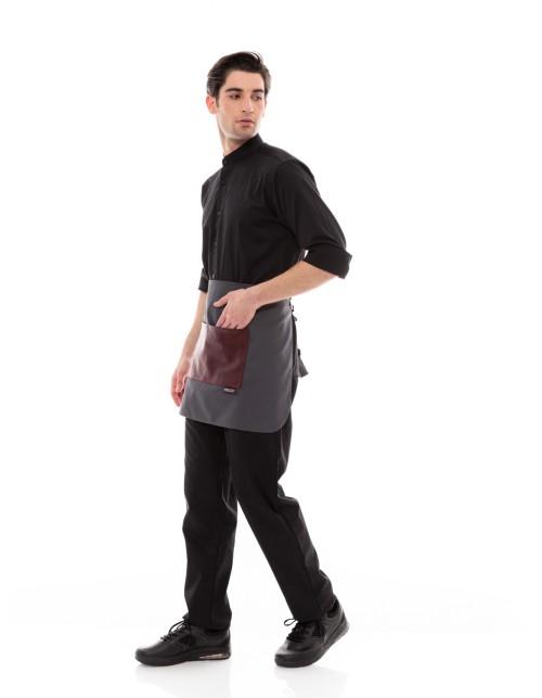Γκρι Ποδιά Unisex Barista Κοντή - Από Καμβά Ύφασμα & Μπορντό Τετράγωνη Vegan Leather Τσέπη