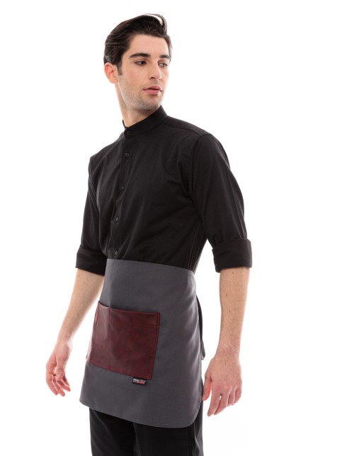 Γκρι Ποδιά Unisex Barista Κοντή - Από Καμβά Ύφασμα & Μπορντό Τετράγωνη Vegan Leather Τσέπη