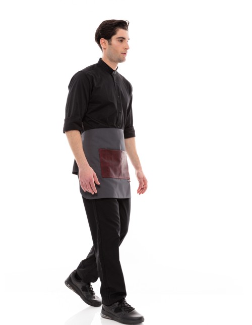 Γκρι Ποδιά Unisex Barista Κοντή - Από Καμβά Ύφασμα & Μπορντό Τετράγωνη Vegan Leather Τσέπη