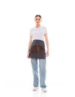 Γκρι Ποδιά Unisex Barista Κοντή - Από Καμβά Ύφασμα & Καφέ Τετράγωνη Vegan Leather Τσέπη