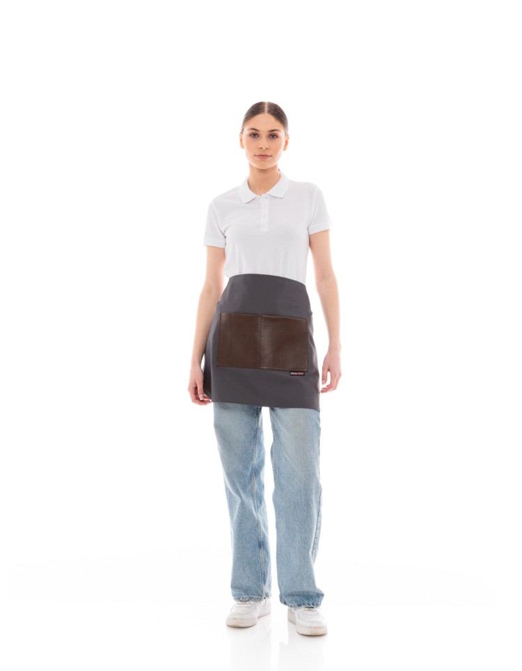 Γκρι Ποδιά Unisex Barista Κοντή - Από Καμβά Ύφασμα & Καφέ Τετράγωνη Vegan Leather Τσέπη