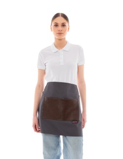 Γκρι Ποδιά Unisex Barista Κοντή - Από Καμβά Ύφασμα & Καφέ Τετράγωνη Vegan Leather Τσέπη