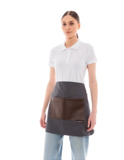 Γκρι Ποδιά Unisex Barista Κοντή - Από Καμβά Ύφασμα & Καφέ Τετράγωνη Vegan Leather Τσέπη