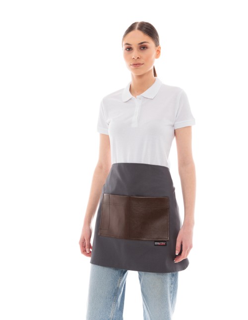 Γκρι Ποδιά Unisex Barista Κοντή - Από Καμβά Ύφασμα & Καφέ Τετράγωνη Vegan Leather Τσέπη