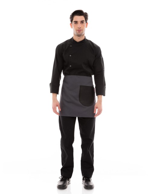 Γκρι Ποδιά Unisex Barista Κοντή - Από Καμβά Ύφασμα & Μαύρη Στρογγυλή Vegan Leather Τσέπη