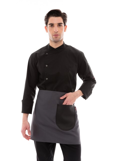 Γκρι Ποδιά Unisex Barista Κοντή - Από Καμβά Ύφασμα & Μαύρη Στρογγυλή Vegan Leather Τσέπη