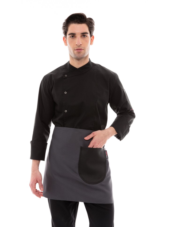 Γκρι Ποδιά Unisex Barista Κοντή - Από Καμβά Ύφασμα & Μαύρη Στρογγυλή Vegan Leather Τσέπη