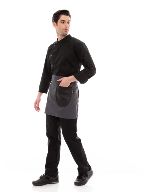 Γκρι Ποδιά Unisex Barista Κοντή - Από Καμβά Ύφασμα & Μαύρη Στρογγυλή Vegan Leather Τσέπη