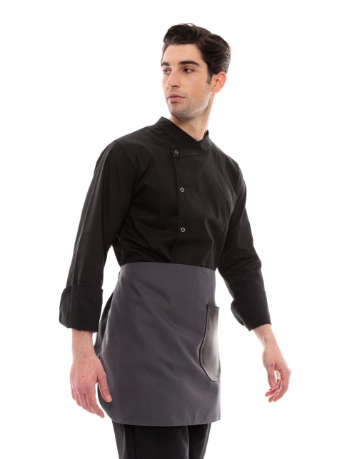 Γκρι Ποδιά Unisex Barista Κοντή - Από Καμβά Ύφασμα & Μαύρη Στρογγυλή Vegan Leather Τσέπη