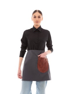 Γκρι Ποδιά Unisex Barista Κοντή - Από Καμβά Ύφασμα & Ταμπά Στρογγυλή Vegan Leather Τσέπη