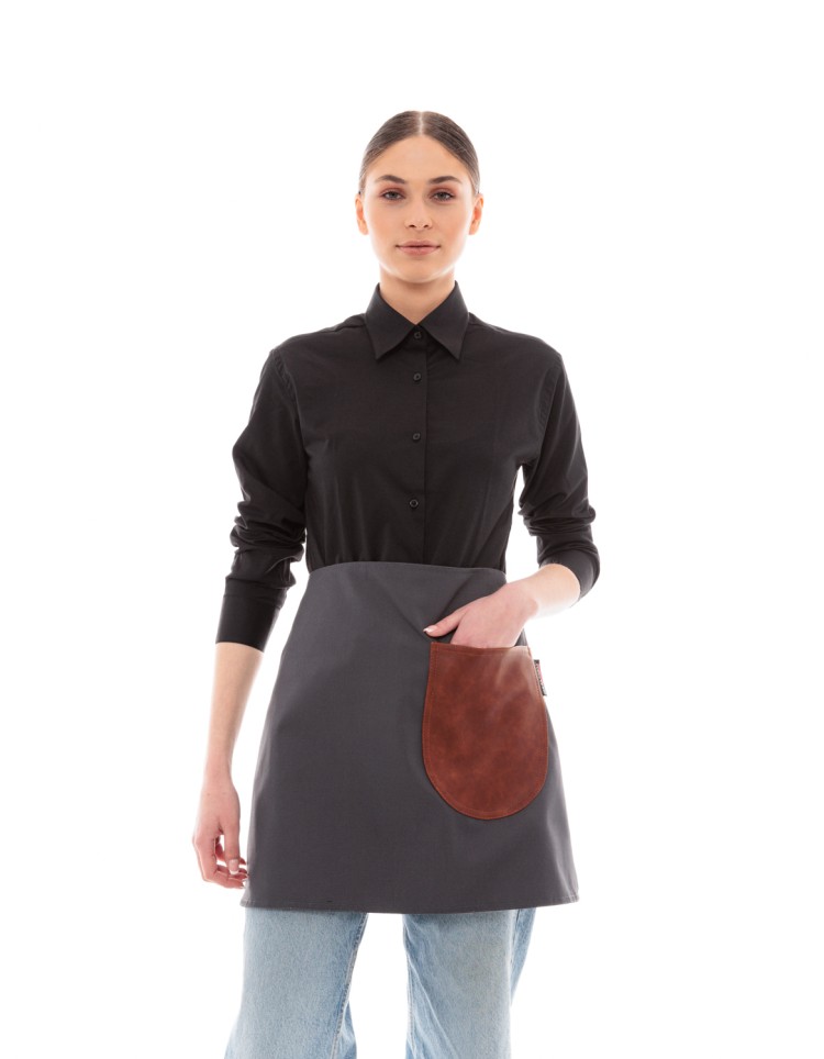 Γκρι Ποδιά Unisex Barista Κοντή - Από Καμβά Ύφασμα & Ταμπά Στρογγυλή Vegan Leather Τσέπη