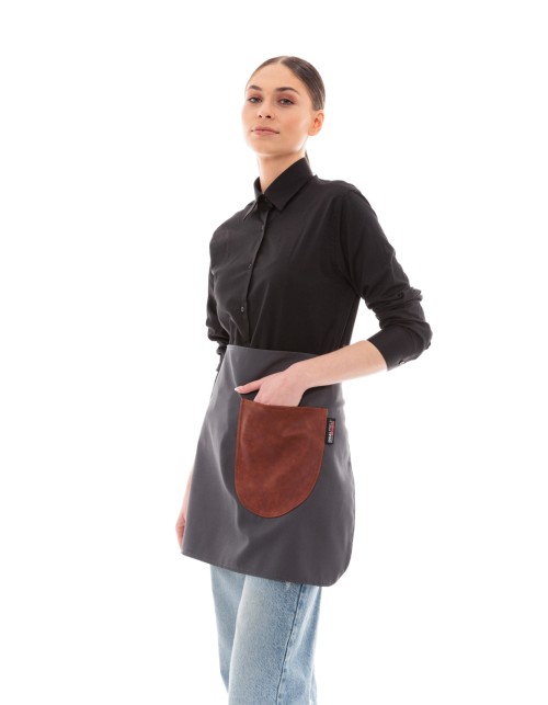 Γκρι Ποδιά Unisex Barista Κοντή - Από Καμβά Ύφασμα & Ταμπά Στρογγυλή Vegan Leather Τσέπη