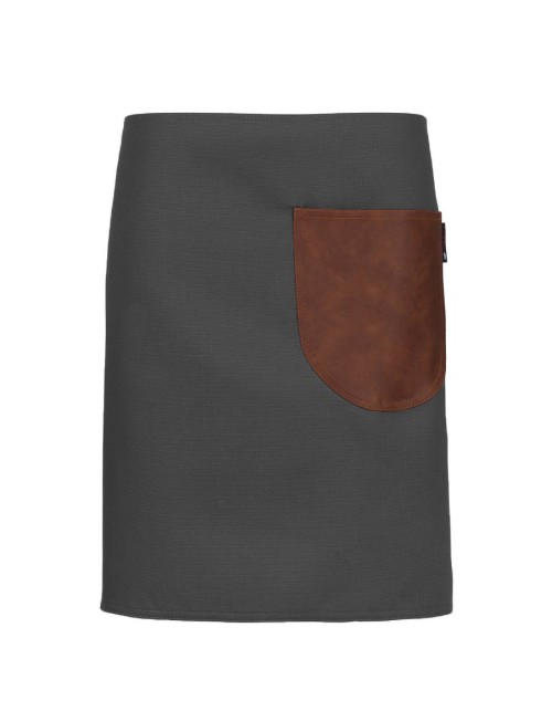 Γκρι Ποδιά Unisex Barista Κοντή - Από Καμβά Ύφασμα & Ταμπά Στρογγυλή Vegan Leather Τσέπη