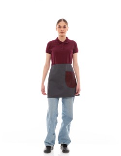 Γκρι Ποδιά Unisex Barista Κοντή - Από Καμβά Ύφασμα & Μπορντό Στρογγυλή Vegan Leather Τσέπη