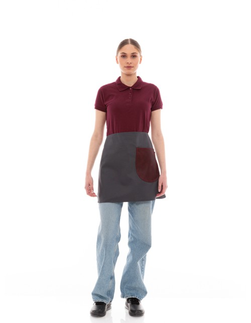Γκρι Ποδιά Unisex Barista Κοντή - Από Καμβά Ύφασμα & Μπορντό Στρογγυλή Vegan Leather Τσέπη